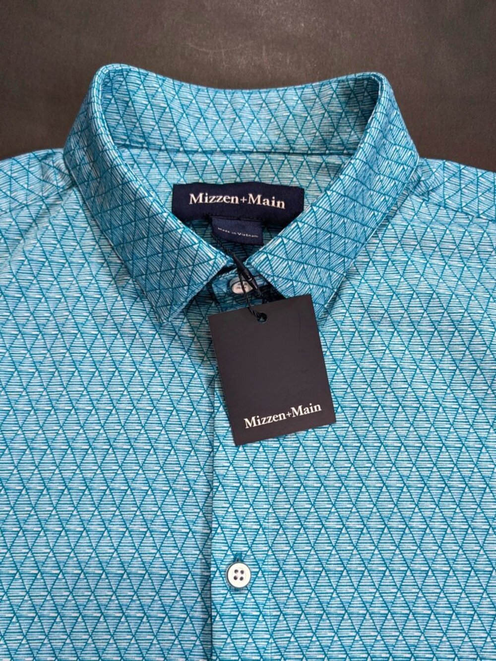 Mizzen+Main Dress Shirt Mens Size L Teal Diamond Mirage SS Halyard Classic Fit